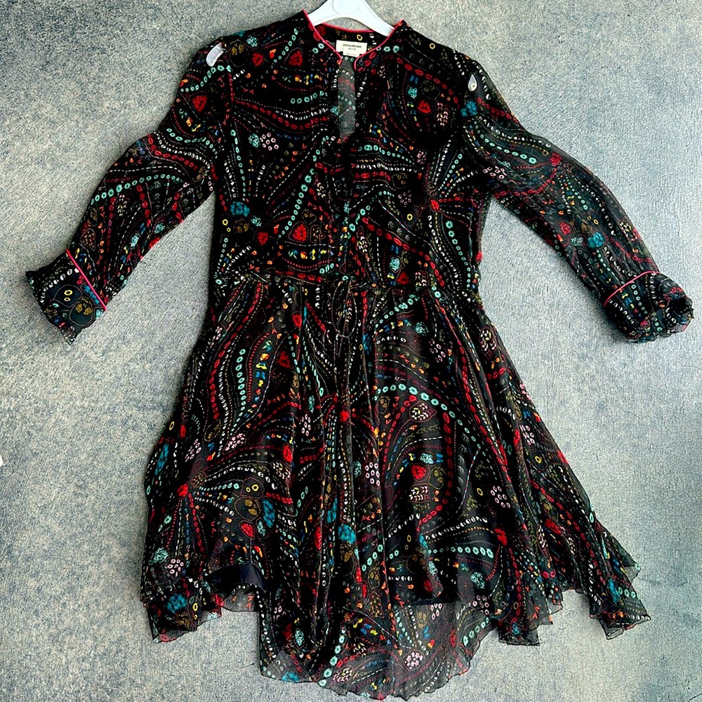 Zadig & Voltaire silk chiffon drawstring waist knee legnth dress. Sz 6